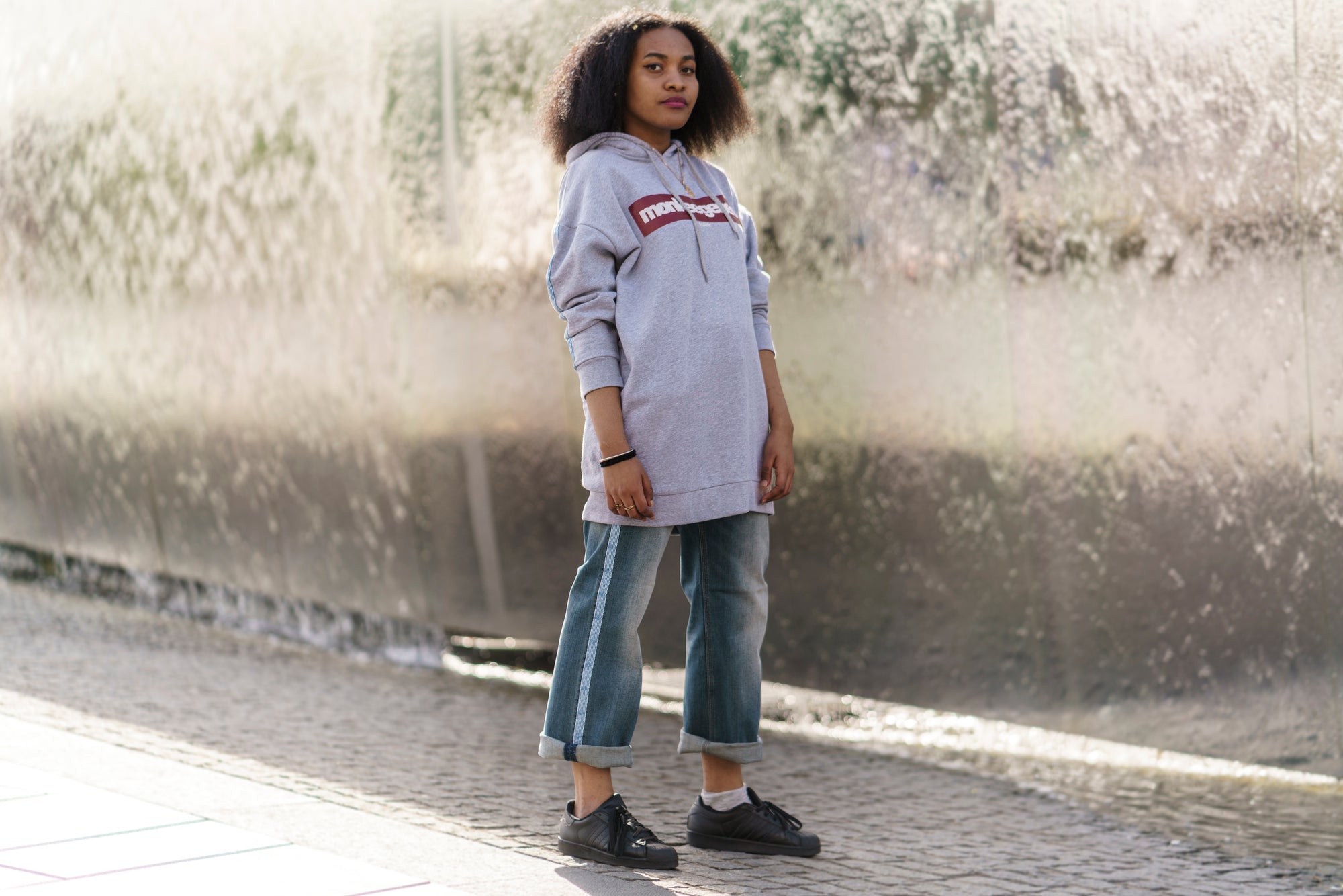 Long Oversized Hoodie in Grey Marl with Stripe
